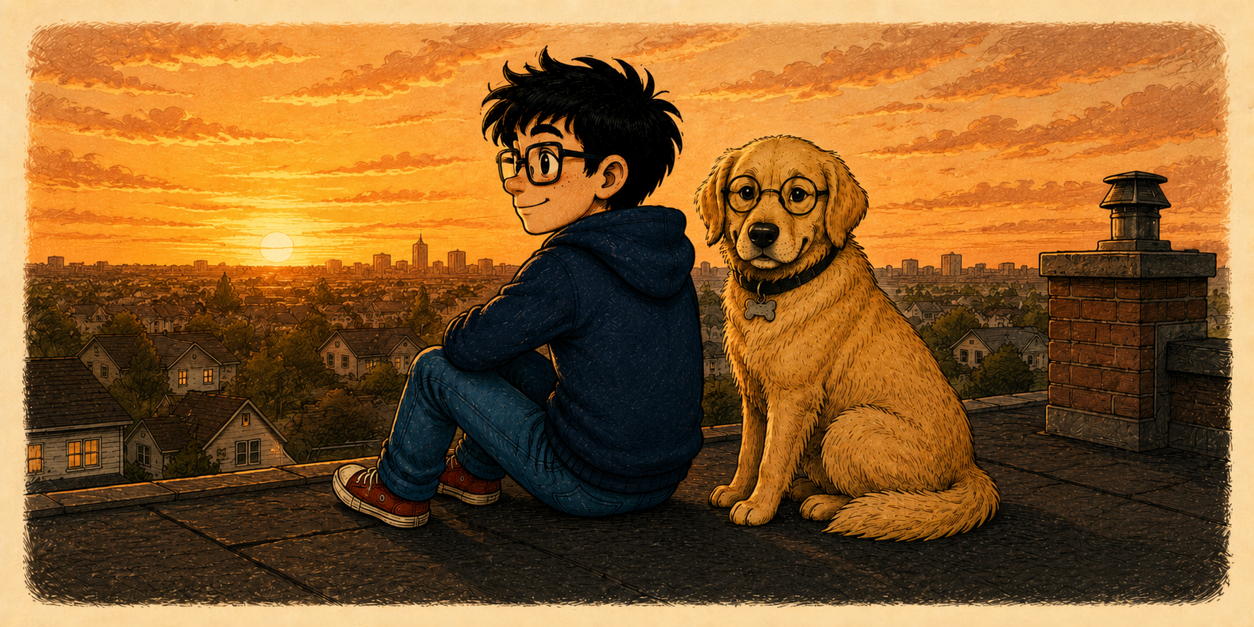 Artie and Dennis on the rooftop at sunset