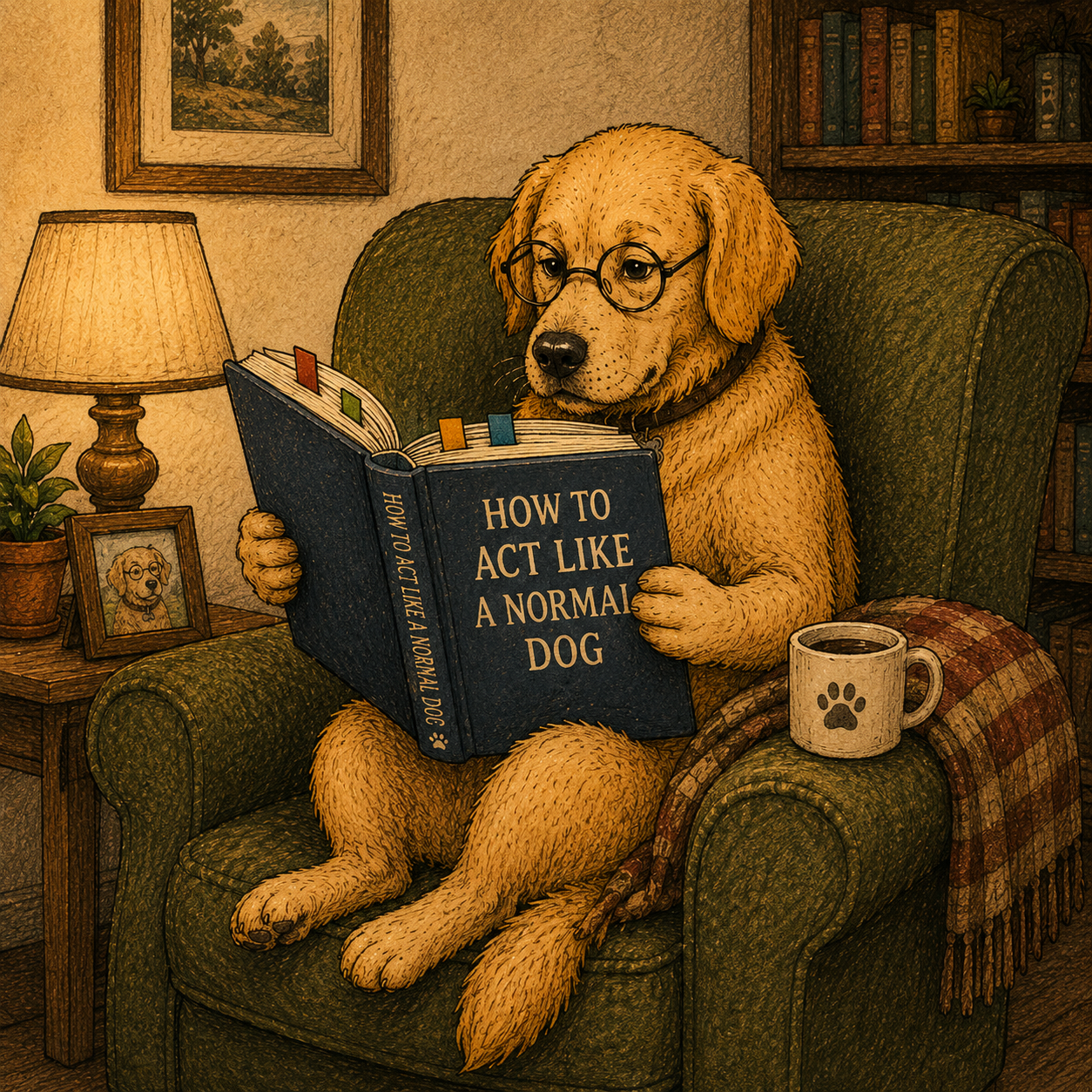 Dennis reading How To Act Like A Normal Dog